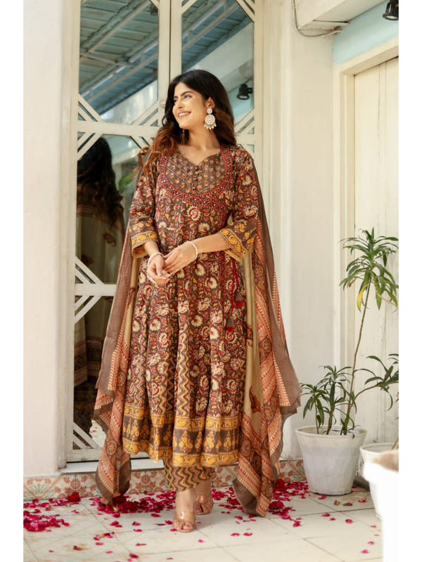 Indolady Brown Full-Flared Anarkali Dupatta Suit Set – Pure Cotton