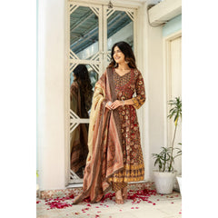 Indolady Brown Full-Flared Anarkali Dupatta Suit Set – Pure Cotton