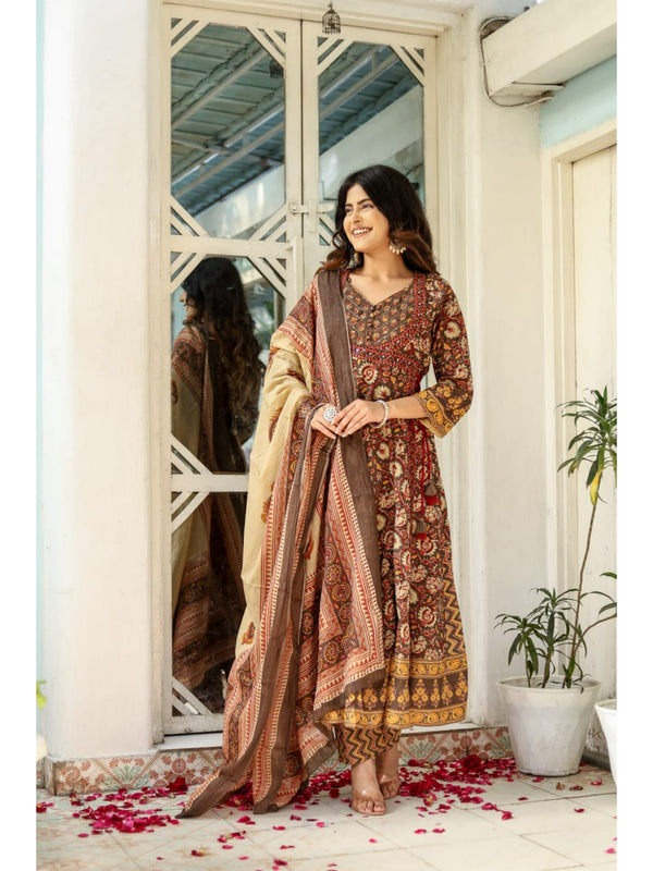 Indolady Brown Full-Flared Anarkali Dupatta Suit Set – Pure Cotton