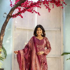 Indolady Maroon Full-Flared Anarkali Dupatta Suit Set – Pure Cotton