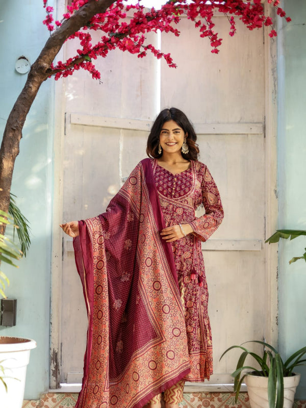 Indolady Maroon Full-Flared Anarkali Dupatta Suit Set – Pure Cotton