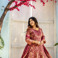 Indolady Maroon Full-Flared Anarkali Dupatta Suit Set – Pure Cotton