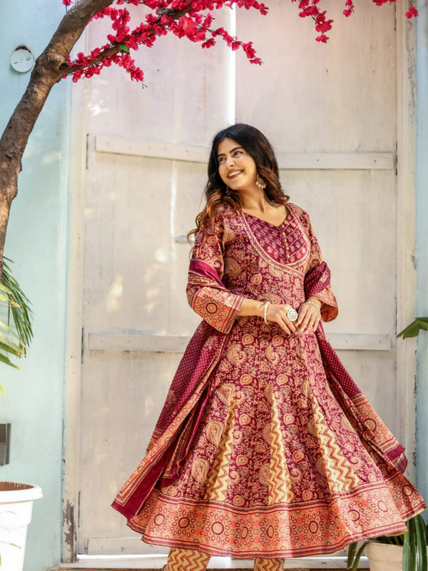 Indolady Maroon Full-Flared Anarkali Dupatta Suit Set – Pure Cotton