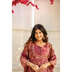 Indolady Maroon Full-Flared Anarkali Dupatta Suit Set – Pure Cotton
