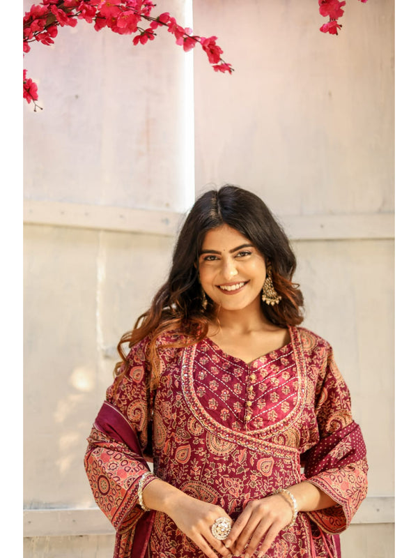Indolady Maroon Full-Flared Anarkali Dupatta Suit Set – Pure Cotton