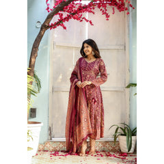 Indolady Maroon Full-Flared Anarkali Dupatta Suit Set – Pure Cotton