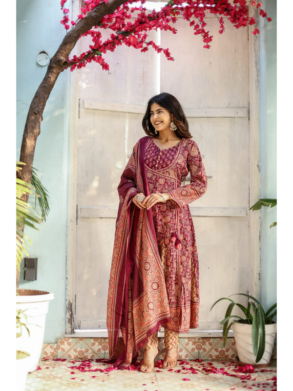 Indolady Maroon Full-Flared Anarkali Dupatta Suit Set – Pure Cotton