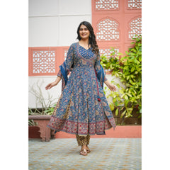 Indolady Blue Long-Flared Anarkali Suit Set – Pure Cotton