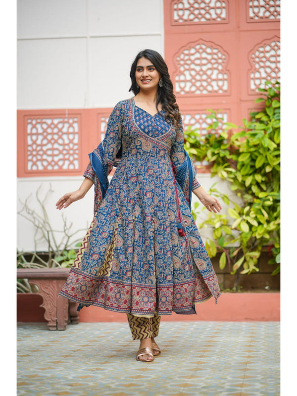 Indolady Blue Long-Flared Anarkali Suit Set – Pure Cotton