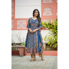 Indolady Blue Long-Flared Anarkali Suit Set – Pure Cotton