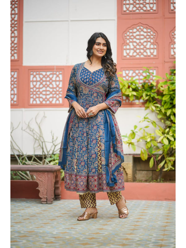 Indolady Blue Long-Flared Anarkali Suit Set – Pure Cotton