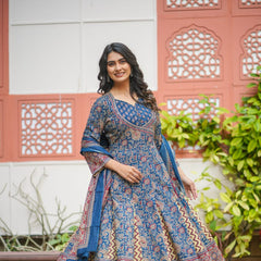 Indolady Blue Long-Flared Anarkali Suit Set – Pure Cotton