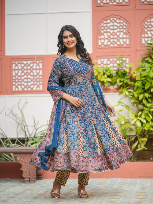 Indolady Blue Long-Flared Anarkali Suit Set – Pure Cotton