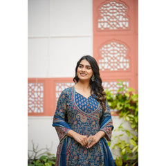 Indolady Blue Long-Flared Anarkali Suit Set – Pure Cotton