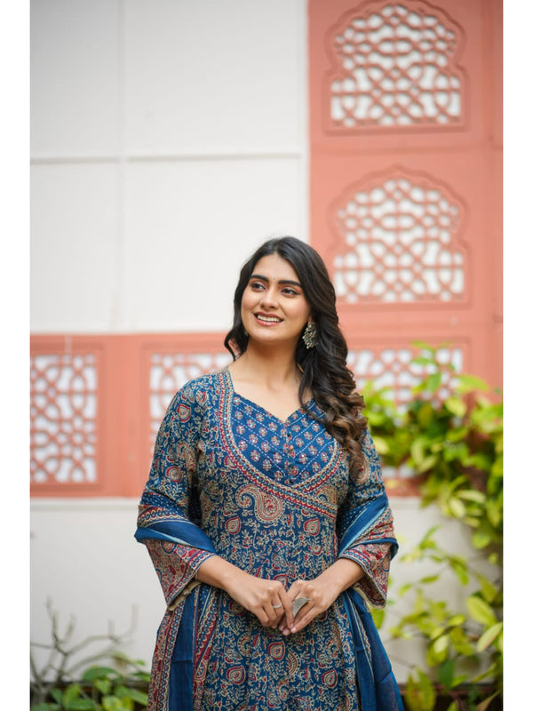 Indolady Blue Long-Flared Anarkali Suit Set – Pure Cotton