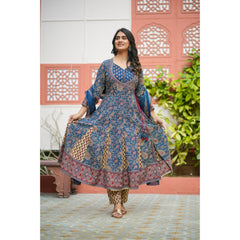 Indolady Blue Long-Flared Anarkali Suit Set – Pure Cotton