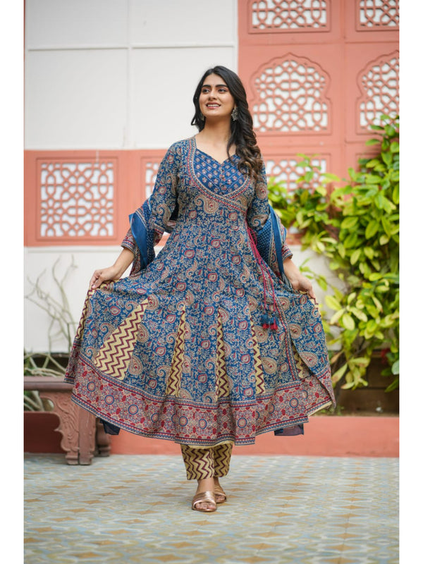 Indolady Blue Long-Flared Anarkali Suit Set – Pure Cotton
