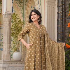 Indolady Brown A-Line Suit Set with Palazzo – Pure Cotton