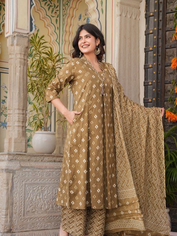 Indolady Brown A-Line Suit Set with Palazzo – Pure Cotton