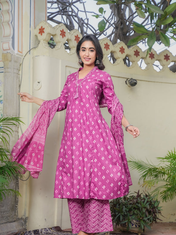 Indolady Pink A-Line Suit Set with Palazzo – Pure Cotton