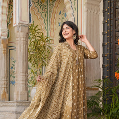 Indolady Brown A-Line Suit Set with Palazzo – Pure Cotton