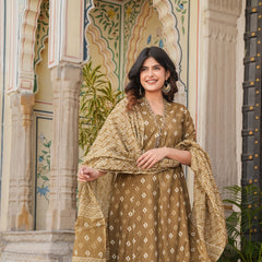 Indolady Brown A-Line Suit Set with Palazzo – Pure Cotton