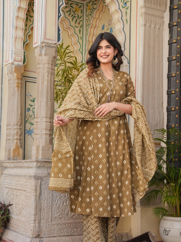 Indolady Brown A-Line Suit Set with Palazzo – Pure Cotton