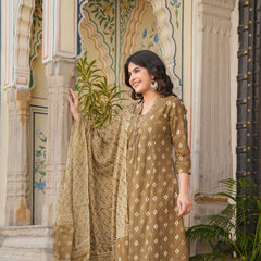 Indolady Brown A-Line Suit Set with Palazzo – Pure Cotton