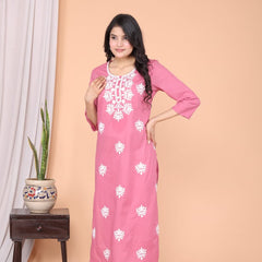 Refreshing Baby Pink Cotton Chikankari Kurti | Ethnic Embroidered Straight Fit