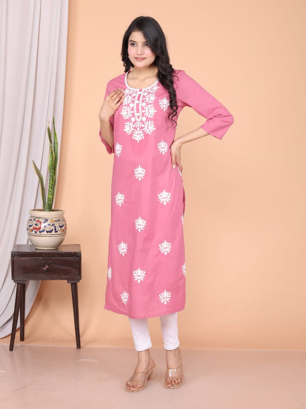 Refreshing Baby Pink Cotton Chikankari Kurti | Ethnic Embroidered Straight Fit