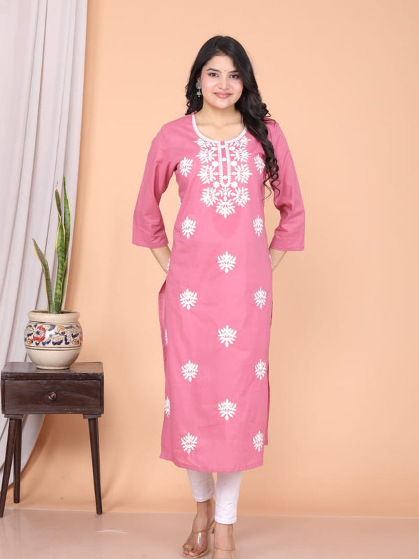 Refreshing Baby Pink Cotton Chikankari Kurti | Ethnic Embroidered Straight Fit