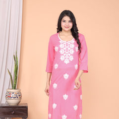 Refreshing Baby Pink Cotton Chikankari Kurti | Ethnic Embroidered Straight Fit