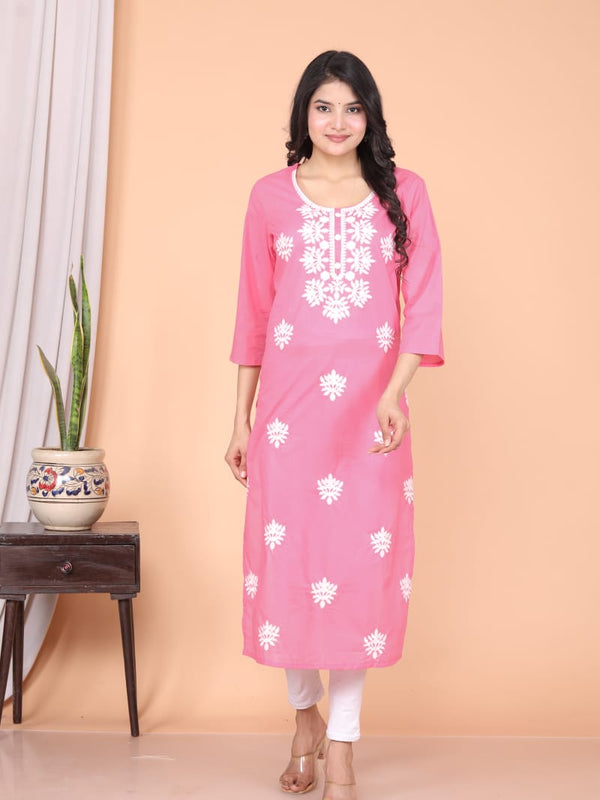 Refreshing Baby Pink Cotton Chikankari Kurti | Ethnic Embroidered Straight Fit