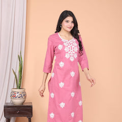 Refreshing Baby Pink Cotton Chikankari Kurti | Ethnic Embroidered Straight Fit