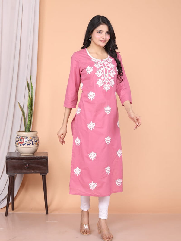 Refreshing Baby Pink Cotton Chikankari Kurti | Ethnic Embroidered Straight Fit