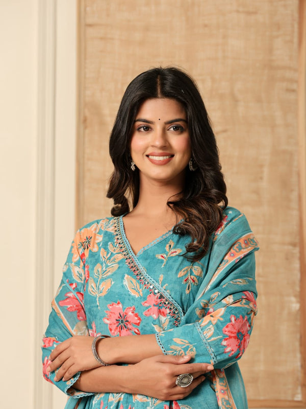 Teal blue Phoolwari Hand-Embroidered Angrakha Suit Set – Indolady