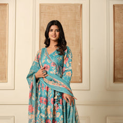 Teal blue Phoolwari Hand-Embroidered Angrakha Suit Set – Indolady
