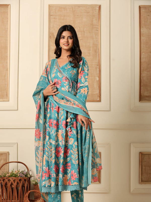 Teal blue Phoolwari Hand-Embroidered Angrakha Suit Set – Indolady