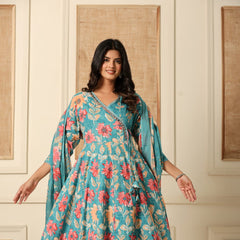 Teal blue Phoolwari Hand-Embroidered Angrakha Suit Set – Indolady