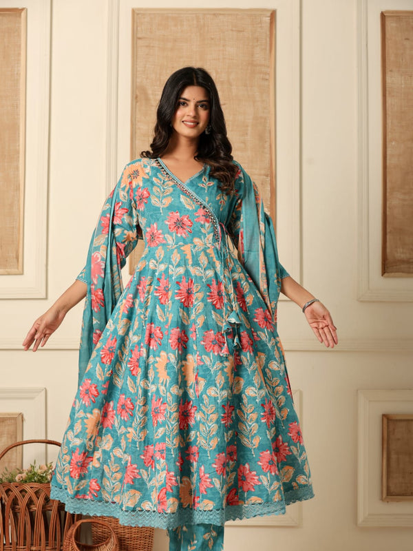 Teal blue Phoolwari Hand-Embroidered Angrakha Suit Set – Indolady