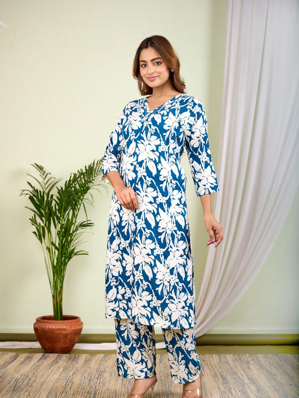 Indolady Ocean Bloom Rayon Co-Ord Set | Elegant Floral Comfort Wear