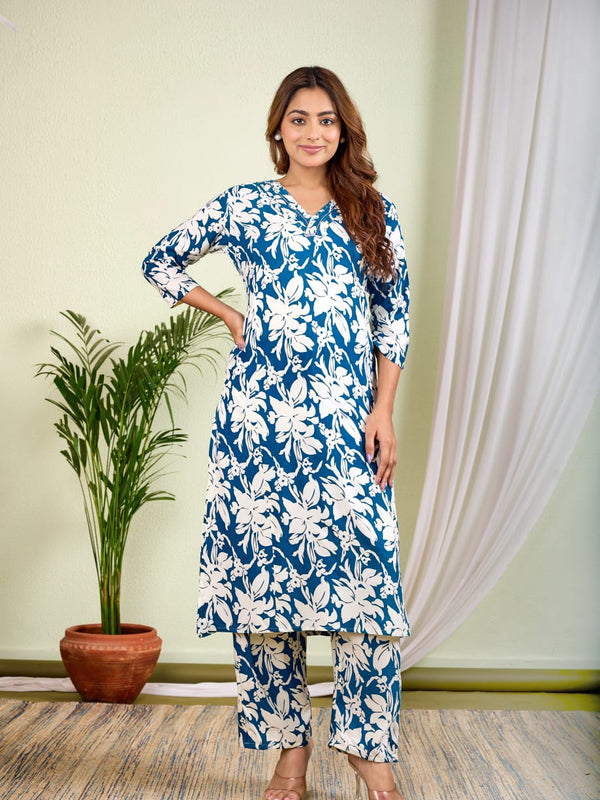 Indolady Ocean Bloom Rayon Co-Ord Set | Elegant Floral Comfort Wear