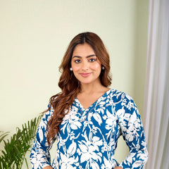 Indolady Ocean Bloom Rayon Co-Ord Set | Elegant Floral Comfort Wear