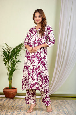 Indolady Maroon Rayon Co-Ord Set | Elegant Floral Comfort Wear