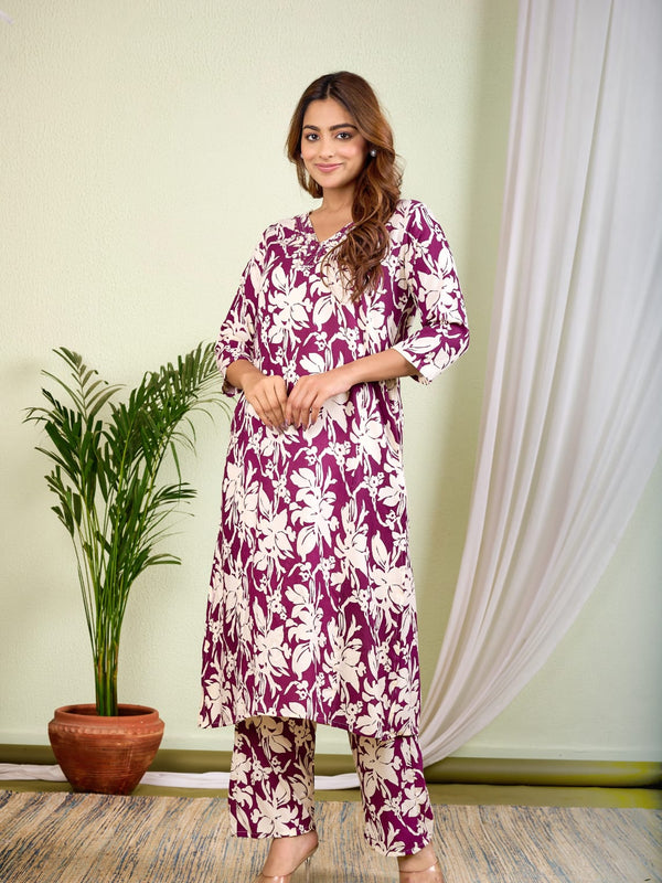 Indolady Maroon Rayon Co-Ord Set | Elegant Floral Comfort Wear