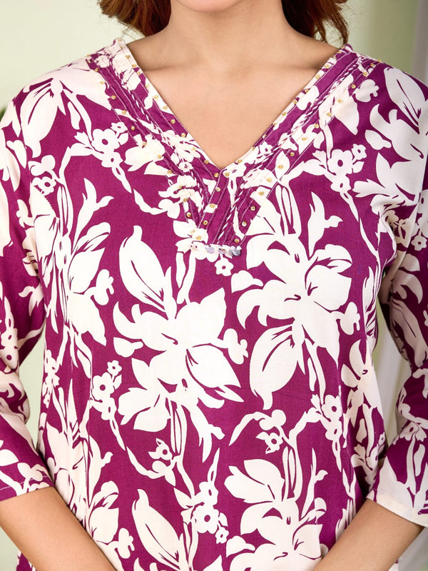 Indolady Maroon Rayon Co-Ord Set | Elegant Floral Comfort Wear