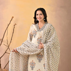 Indolady Signature – White Blue Block Print Suit Set with Artisanal Neck Detailing