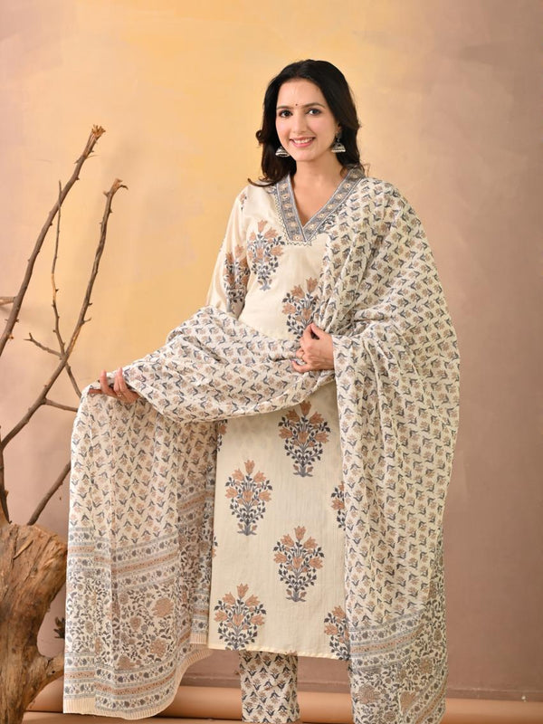 Indolady Signature – White Blue Block Print Suit Set with Artisanal Neck Detailing