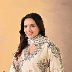 Indolady Signature – White Blue Block Print Suit Set with Artisanal Neck Detailing