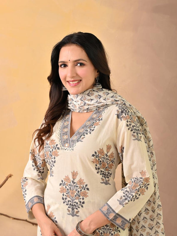 Indolady Signature – White Blue Block Print Suit Set with Artisanal Neck Detailing